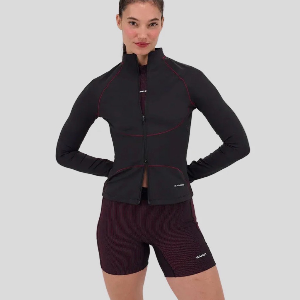 Bandit Black And Burgundy Long Sleeve Zip Active Top